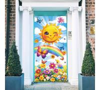 arricraft 1 Pc Cartoon Style Sun Polyester Door Cover, Sun Butterfly Rainbow Flowers Backdrop Banner Door Porch Sign Photography Background for School Porch Home Decor Accessories