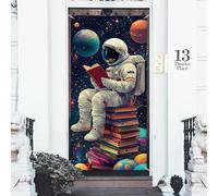 arricraft 1 Pc Space Reading Polyester Door Cover, Astronauts Reading on Books Backdrop Banner Door Porch Sign Photography Background for School Porch Home Decor Accessories