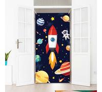 arricraft 1 Pc Space Rocket Polyester Door Cover, Cartoon Space Rockets Planets Backdrop Banner Door Porch Sign Photography Background for School Porch Home Decor Accessories