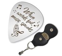 arricraft 1 Pc Stainless Steel Guitar Pick, When Words Fail Music Speaks Picks Plectrums with Holder Musical Theme Bass Pick Musical Gift for Musician Dad Husband Brother Son Friend Him