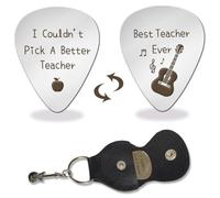 arricraft 1 Pc Stainless Steel Picks Plectrums, Best Teacher Ever Words Plectrum with Leather Holder Guitar Picks Metal Grip Pick for Teacher's Day Musician Gift From Students