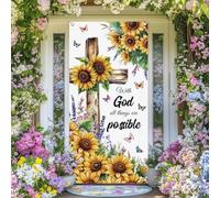 arricraft 1 Pc with God All Things are Possible Door Cover Decorations, Sunflower Flower Religious Cross Front Door Banner Polyester Door Backdrops for Outdoor Indoor Holiday Supplies 35.4x72.8 Inch
