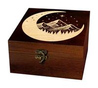 arricraft 1 Pc Wooden Keepsake Storage Box, Crescent Moon Stars Mountains Forest Square Pine Memory Box for Anniversary Jewelry Board Storage 12x12x6cm (4.72x4.72x2.36 inches)