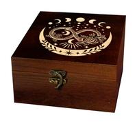 arricraft 1 Pc Wooden Keepsake Storage Box, Lunar Phases Ouroboros Star Flower Engraving Pattern Square Pine Tarot Card Box for Anniversary Jewelry Board Storage (4.72x4.72x2.36 Inch)