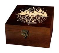 arricraft 1 Pc Wooden Keepsake Storage Box, Moon Compass Wolf mountain Range Forest Pattern Square Pine Tarot Card Box for Anniversary Jewelry Board Storage (4.72x4.72x2.37 Inch)