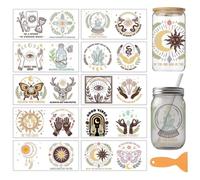 arricraft 10 Pcs Boho Magic Theme PVC Cup Transfer Stickers, Boho Style Sun Moon Butterfly Pattern UV Waterproof Cup Sticker for 16 oz Glasses Window Home Printing Decoration 24x11cm