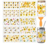 arricraft 10 Pcs Cartoon Bee Theme Cup Printing UV Transfer Papers, 10 Styles Bees Flowers Sunflower Rainbow PVC DIY Heat Transfer Stickers for 16 OZ Glass Cups Crafts 9.5x4.3inch