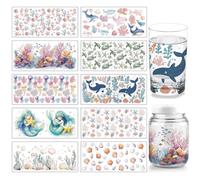 arricraft 10 Pcs Colorful Ocean Animals Theme Cup Printing UV Transfer Papers, 10 Styles Seahorses Seaweed Jellyfish Dolphins Turtles UV DTF Cup Wrap Stickers for 16 OZ Glass Cups Crafts 9.5x4.3inch