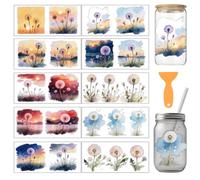 arricraft 10 Pcs Dandelion Theme Cup Printing UV Transfer Papers, 10 Styles Watercolor Scenery and Dandelions PVC DIY Heat Transfer Stickers for 16 OZ Glass Cups Crafts 9.5x4.3inch