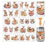 arricraft 10 Pcs Deer Theme PVC Cup Transfer Stickers, Colorful Peony Flower Deer Pattern UV Waterproof Cup Sticker for 16 oz Glasses Window Home Printing Decoration 24x11cm