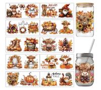 arricraft 10 Pcs Fall Theme Cup Printing UV Transfer Papers, 10 Styles Maple Leaf Highland Cattle Pumpkin Hen Wooden Barrel PVC DIY Heat Transfer Stickers for 16 OZ Glass Cups Crafts 9.5x4.3inch