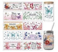 arricraft 10 Pcs Flowers Butterflies UV DTF Cup Wrap Transfer Sticker, 10 Styles Inspirational Words Transfer Paper Rub on Stickers PVC Cup Wrap Waterproof Rub Decals for Cup Glass 24x11cm