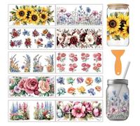 arricraft 10 Pcs Flowers Theme Cup Printing UV Transfer Papers, 10 Styles Sunflower Peony Wild Flowers PVC DIY Heat Transfer Stickers for 16 OZ Glass Cups Crafts 9.5x4.3inch