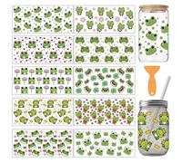 arricraft 10 Pcs Frog Theme PVC Cup Transfer Stickers, Cartoon Frogs with Flowers Hearts Pattern UV Waterproof Cup Sticker Kit for 16 oz Glasses Window Home Printing Decoration
