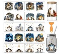 arricraft 10 Pcs Nativity Scene Theme PVC Cup Transfer Stickers, Thatch Stars Church Moon Pattern UV Waterproof Cup Sticker Kit for 16 oz Glasses Window Home Printing Decoration