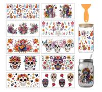 arricraft 10 Pcs Skull Theme PVC Cup Transfer Stickers, Sugar Bones Flower Skull Pattern UV Waterproof Cup Sticker Kit for 16 oz Glasses Day of The Dead Window Home Decoration