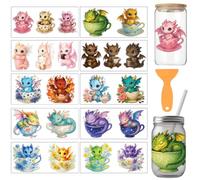 arricraft 10 Pcs Teacup Gragons Theme PVC Cup Transfer Stickers, Colorful Teacup Little Fly Dragon Pattern UV Waterproof Cup Sticker for 16 oz Glasses Window Home Printing Decoration 24x11cm