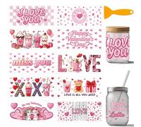 arricraft 10 Pcs Valentine's Day Theme PVC Cup Transfer Stickers, Pink Heart Love Pattern UV Waterproof Cup Sticker for 16 oz Glasses Window Home Printing Decoration 24x11cm