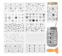 arricraft 10 Sheets Black and White Geometric Patterns UV DTF Cup Wrap for 16OZ Glass, Hearts Stars Flowers Rub on Decals PVC Transfer Stickers for DIY Cups Window Home Printing Decoration 24x11cm
