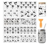 arricraft 10 Sheets Black Bow UV DTF Cup Wrap, Bow Tie Cherry Butterfly Little Bear Heart Flower Patterns Rub on Decals PVC Transfer Glass Sticker for Women DIY 16OZ Cups Furniture Wood