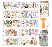 arricraft 10 Sheets Cartoon Cat UV DTF Cup Wrap for 16OZ Glass, Many Cats in Various Poses Paw Print Fish Bone Rub on Decals PVC Transfer Stickers for DIY Cups Window Home Printing Decoration 24x11cm