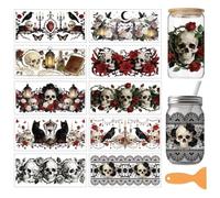 arricraft 10 Sheets Cup Wrap Transfer Stickers, Halloween Gothic Style Black Rose Skull Pattern Rub on Transfers PVC UV DTF DIY Transfer Paper for Glass Water Bottle Decoration 9.5x4.3 Inches