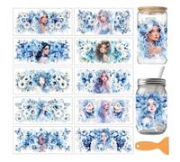 arricraft 10 Sheets Fairy Theme UV DTF Cup Wrap for 16OZ Glass, Blue and White Flowers Rub on Decals PVC Transfer Stickers for DIY Cups Window Home Printing Decoration 24x11cm/9.4x4.3inch