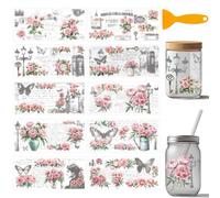 arricraft 10 Sheets Floral Theme UV DTF Cup Wrap for 16OZ Glass, Butterfly Vintage Letter Clock Rub on Decals PVC Transfer Stickers for DIY Cups Wood Funiture 24x11cm/9.4x4.3inch