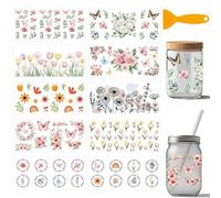 arricraft 10 Sheets Flower Theme UV DTF Cup Wrap for 16OZ Glass, Butterfly Flowers Roses Tulips Rub on Decals PVC Transfer Stickers for DIY Cups Wood Funiture 24x11cm/9.4x4.3inch