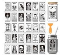 arricraft 10 Sheets Funny Tarot UV DTF Cup Wrap for 16OZ Glass, Black and White Skull Rub on Decals PVC Transfer Stickers for DIY Cups Wood Funiture Halloween Party 24x11cm/9.4x4.3inch