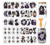 arricraft 10 Sheets Gothic Skull Rose UV DTF Cup Wrap for 16OZ Glass, Black and White Skull Rub on Decals PVC Transfer Stickers for DIY Cups Wood Funiture Halloween Party 24x11cm/9.4x4.3inch