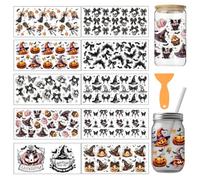arricraft 10 Sheets Halloween Theme UV DTF Cup Wrap for 16OZ Glass, Halloween Bow with Ghosts and Pumpkins Rub on Decals PVC Transfer Stickers for DIY Cups Wood Funiture Christmas Supplies