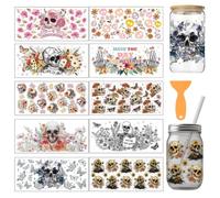 arricraft 10 Sheets Halloween Theme UV DTF Cup Wrap for 16OZ Glass, Halloween Skull Flower Have The Day You Deserve Rub on Decals PVC Transfer Stickers for DIY Cups Wood Funiture Christmas Supplies
