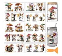 arricraft 10 Sheets Little Mouse UV DTF Cup Wrap for 16OZ Glass, Cute Animal Flowers Grass Rain Rub on Decals PVC Transfer Stickers for DIY Cups Wood Funiture 24x11cm/9.4x4.3inch