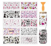 arricraft 10 Sheets Makeup Theme UV DTF Cup Wrap for 16OZ Glass, Lipstick Heel Lip Print Hairdressing Pattern Rub on Decals PVC Transfer Stickers for DIY Cups Wood Funiture 24x11cm/9.4x4.3inch