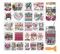 arricraft 10 Sheets Nurses Day Theme UV DTF Cup Wrap, 10 Styles Nurse Life Coffee Heart Bowknot Rub on Transfers PVC Paper Waterproof Rub Decals for DIY 16OZ Glass Cups Furniture Wood Crafts