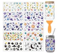 arricraft 10 Sheets Space Planets Theme UV DTF Cup Wrap for 16OZ Glass, Stars Rockets Astronauts Meteorites Rub on Decals PVC Transfer Stickers for DIY Cups Wood Funiture 24x11cm/9.4x4.3inch