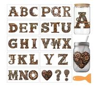 arricraft 10 Sheets Steampunk Alphabet Theme UV DTF Cup Wrap for 16OZ Glass, Mechanical Style Gear Letter Rub on Decals PVC Transfer Stickers for DIY Cups Window Home Printing Decoration 24x11cm
