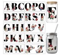 arricraft 10 Sheets UV DTF Cup Wrap Transfer Sticker, 26 Letters with Flower Rub on Transfers Decal for 16OZ Glass Cups Furniture Craft Wood DIY Crafts 24x11cm/9.4x11inch