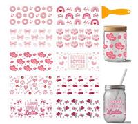 arricraft 10 Sheets Valentine's Day Theme UV DTF Cup Wraps, 10 Styles Pink Heart Love Bow PVC Transfer Stickers Waterproof Rub Decals for 16 OZ Glass Cups Crafts 9.5x4.3Inch