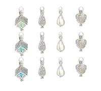 arricraft 12 Pcs Bright Silver Cage with glow in the dark Beads, 12 Styles Luminous Stone Pendants Brass Bead Cage Pendants Twist Water Drop Pearl Cage for Jewelry Making and Crafting