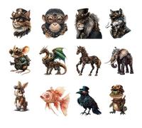 arricraft 12 Pcs Plastic Iron-On Transfer Stickers, Steampunk Mechanical Animal Theme Heat Transfer Film Sticker Set for DIY T-Shirt Bags Hats Jackets Clothing Curtains Decorative Accessories
