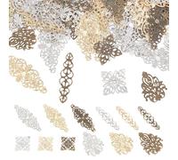 arricraft 120 Pcs Antique Filigree Connector Charms, 4 Styles Multicolor Flower Leaf Heart Brass Iron Pendants Filigree Metal Embellishments for DIY Hairpin Headwear Earring Jewelry Making