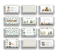 arricraft 120 Pcs Baby Shower Candy Wrappers, Woodland Animals Pattern Mini Candy Bar Sticker Welcome Baby Chocolate Bar Label Sticker for Fete Day Party Decoration Stickers Supplies (No Candy)