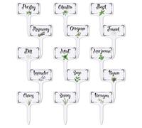 arricraft 15 Pcs White T-Shaped Acrylic Plant Labels with Floral Border Herb Theme Waterproof Garden Stake Labels for Indoor Outdoor Potted Plants Nursery Marker Decoration
