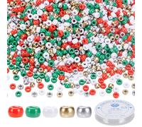 arricraft 1500 Pcs Christmas Plastic Pony Beads, Red Green White Silver Gold Tiny Pony Beads with 8.2 Yards/7.5m Elastic Crystal Thread for DIY Craft Jewelry Christmas Home Hanging Ornament Supplies
