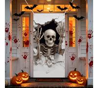 arricraft 1Pc Skeleton Theme Polyester Door Cover, 72.83"x35.43" Skull Broken Wall Halloween Pattern Backdrop Banner Door Porch Sign Photography Background for Party Porch Home Decor Accessories