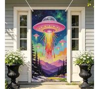arricraft 1Pc UFO Theme Polyester Door Cover, 72.83"x35.43" UFO Stars Spaceship Pattern Backdrop Banner Door Porch Sign Photography Background for Party Porch Home Decor Accessories