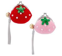 arricraft 2 Pcs 2 Styles Handmade Crochet Strawberry Small Purse, Mini Crochet Pearl Embellished Strawberry Kissing Lock Coin Handbag for Women's Daily Coin Storage Organizers