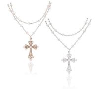 arricraft 2 Pcs Gothic Cross Necklace for Women, 2 Colors Big Elegant Double-Layer Link Chain Jewelry Metal Layered Link Chain with Imitation Pearls for Parties, Weddings, Daily Fashion (13.78 Inch)